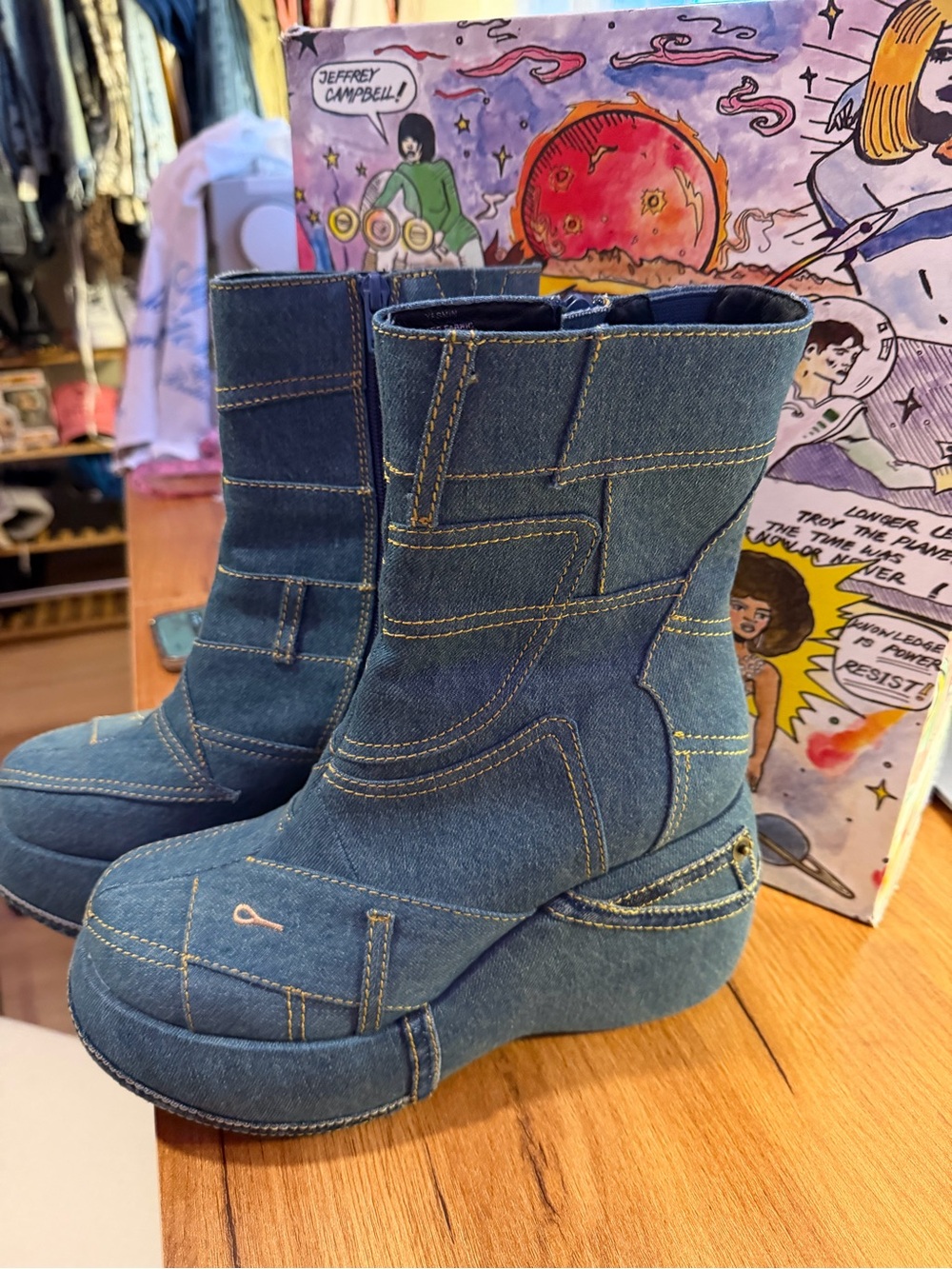 Jeffrey Campbell Denim Paneled Platform Ankle Boots in Blue - Picture 2 of 9